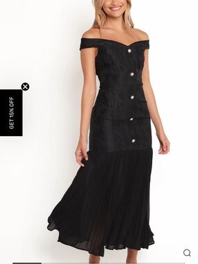 Petal and pup Evelina Dress Off-Shoulder Black Midi Dress with Button Detailing